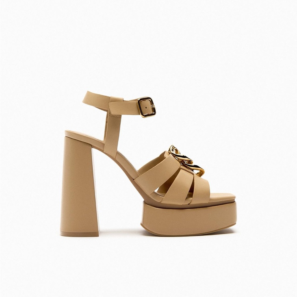 Zara Tan Platform Heels with Gold Accent
